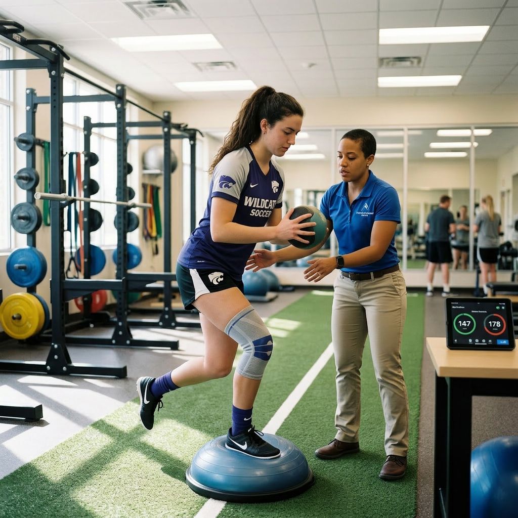 Female athlete balancing on half exercise ball holding medicine ball with trainer support in gym