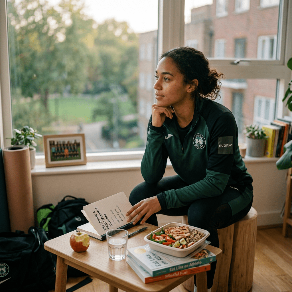 Athlete sitting indoors with a meal, journal, and books on nutrition