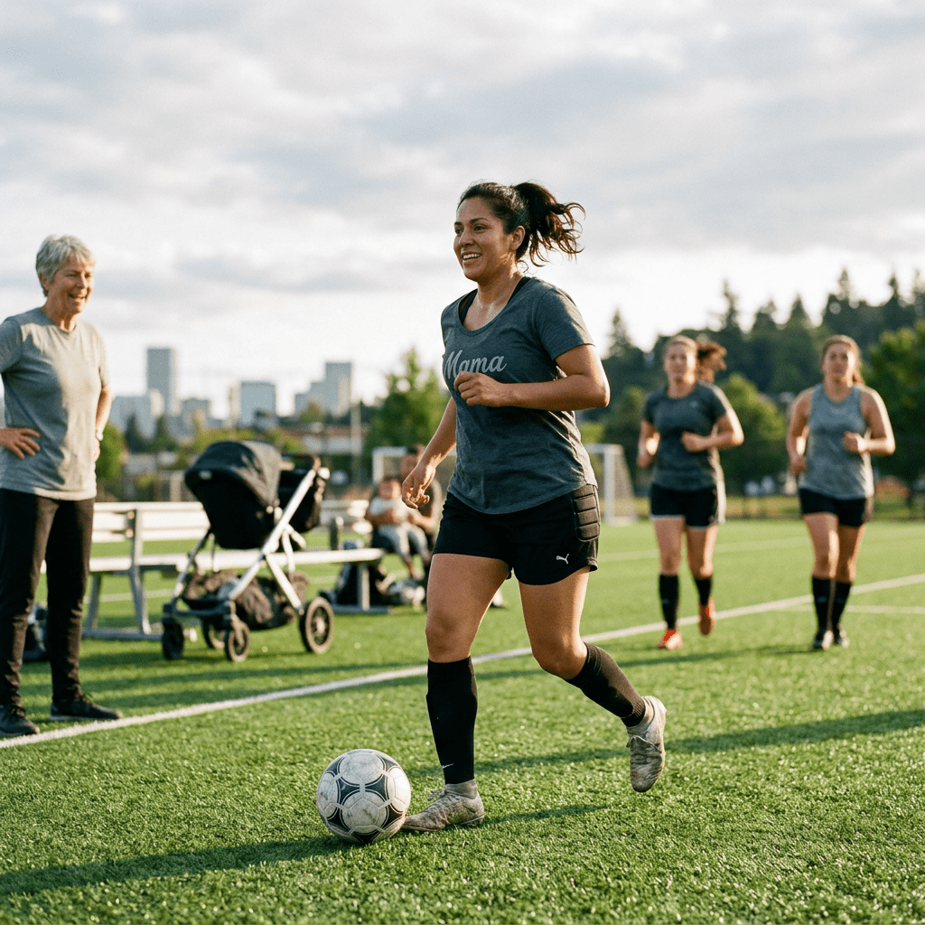 Woman dribbling a soccer ball on field with coach and teammates in background