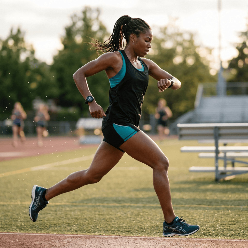 Female athlete running on track looking at wristwatch
