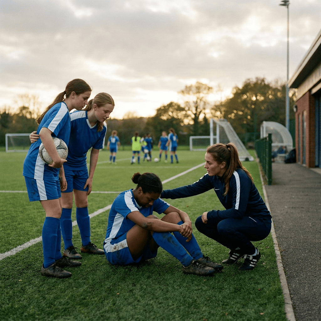 Soccer coach comforting a seated player as teammates stand nearby